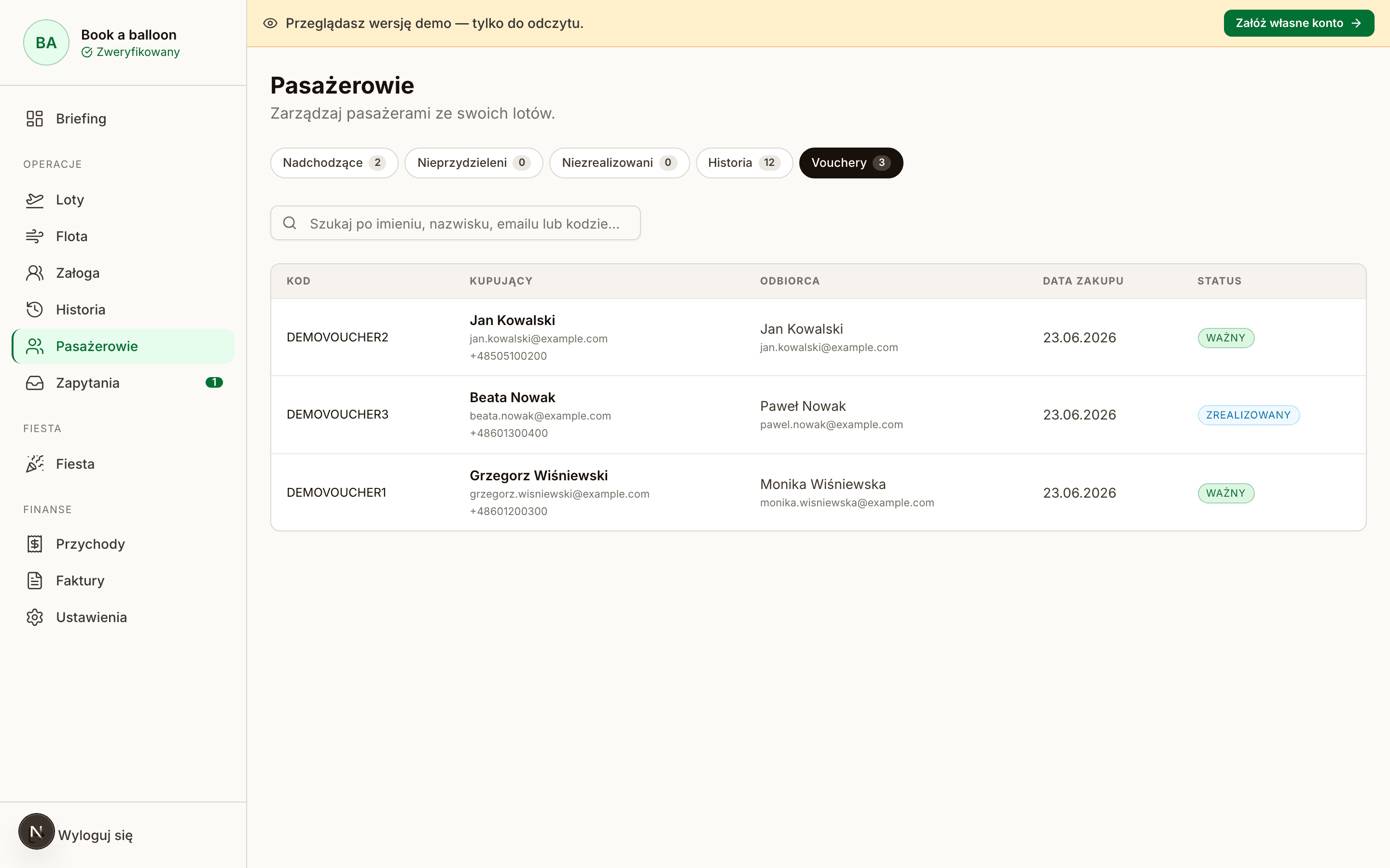 Panel operatora: zarządzanie voucherami