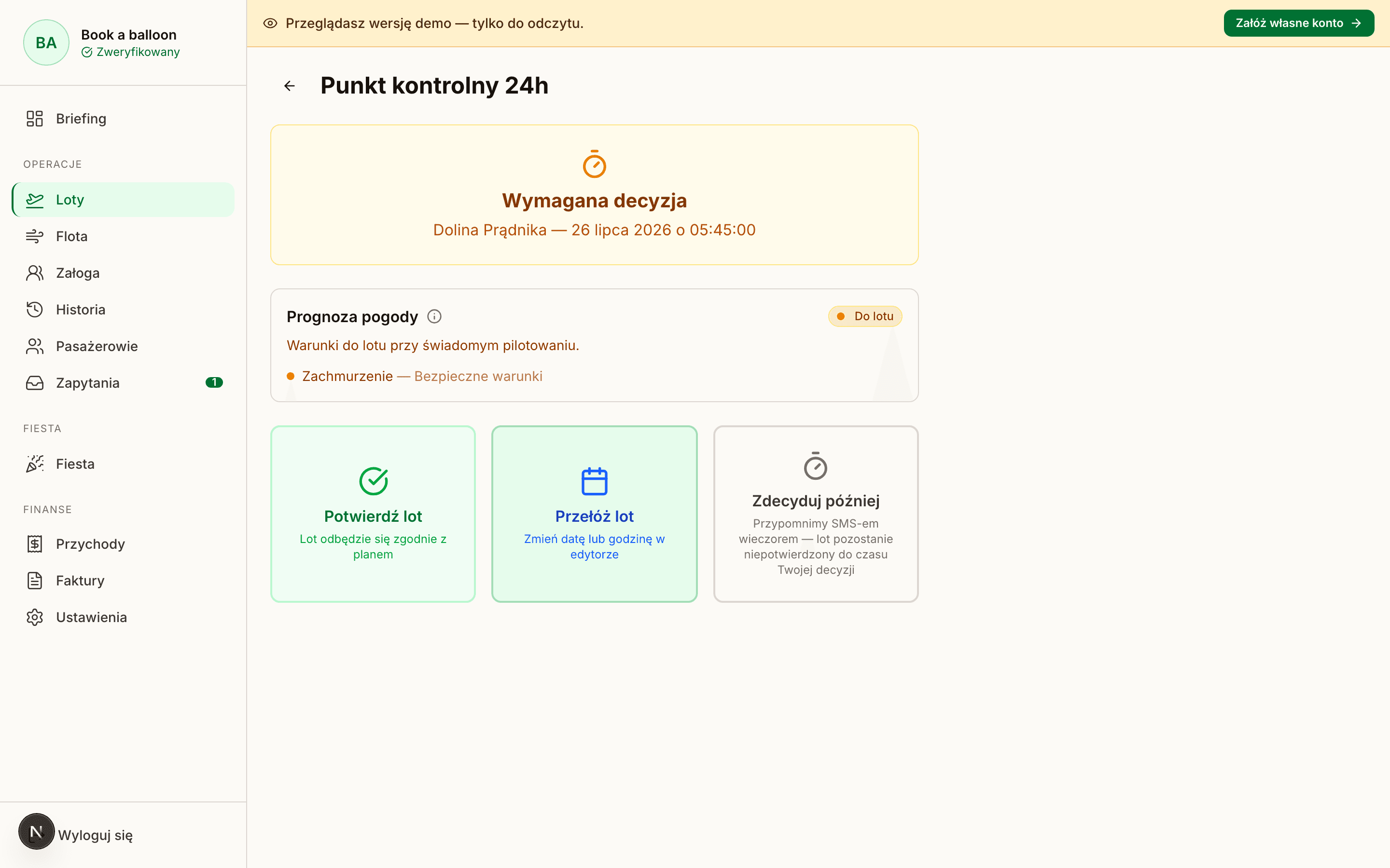 Panel operatora: prognoza pogody dla lotu